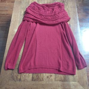 Red sweater with cable knit neckline